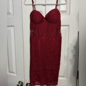 Red spaghetti strap dress.